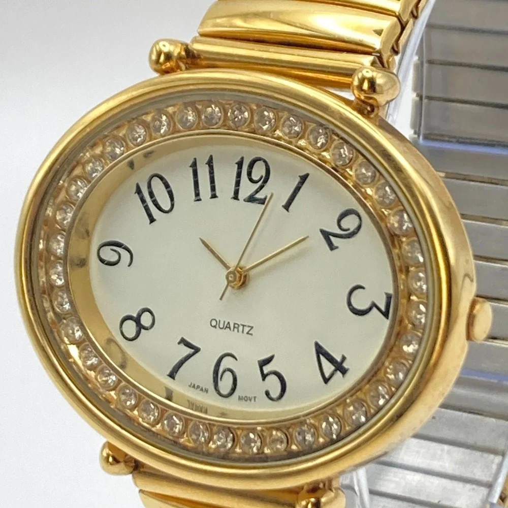 Women's Easy Reader Watch Gold Tone Crystals 43mm Wide Stretch Band New Battery